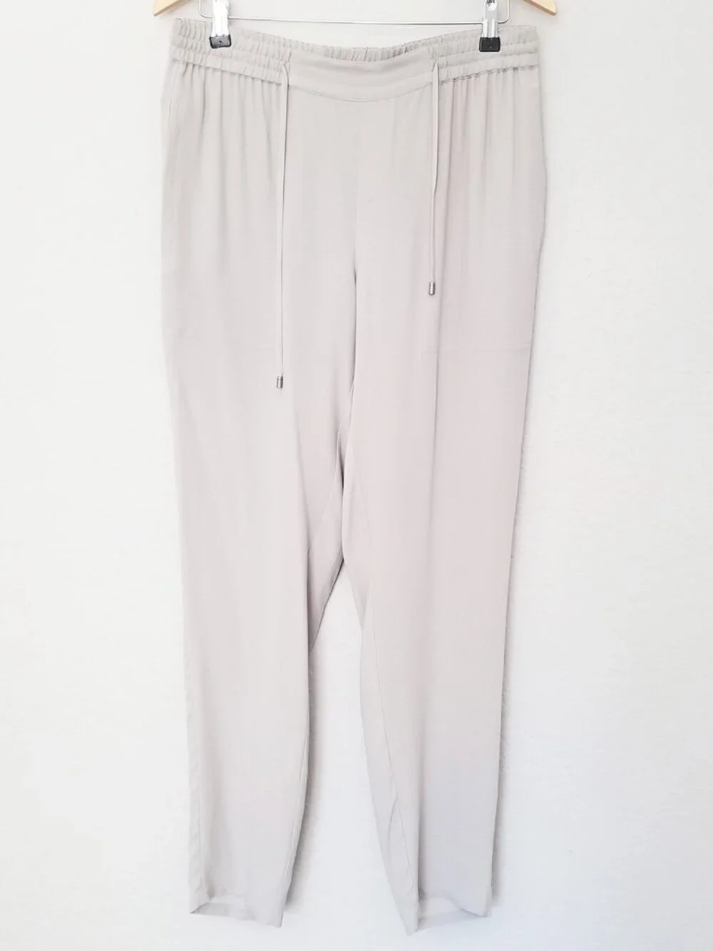 Eileen Fisher 100% Silk Georgette Ankle Pants Bone Gray Size S Drawstring $258